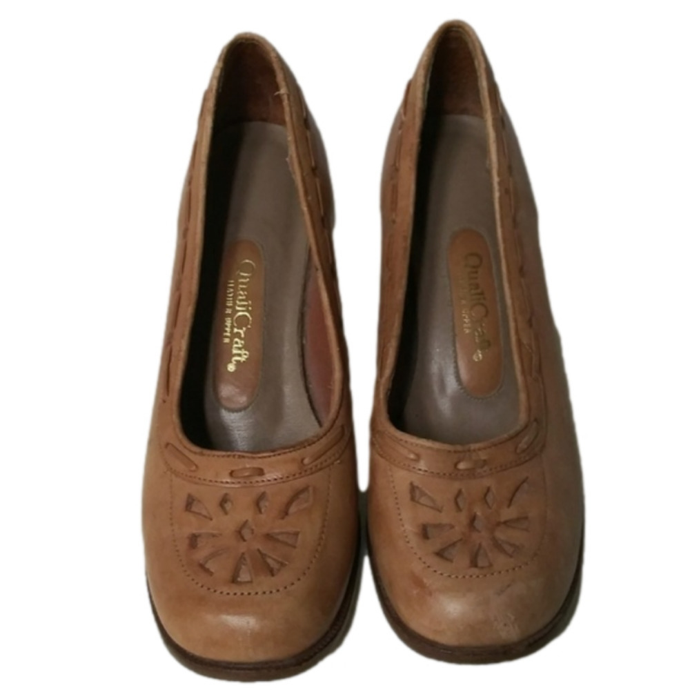Qualicraft Vintage Brown Leather Round Closed Toe Blocked Heel Slip On Shoe